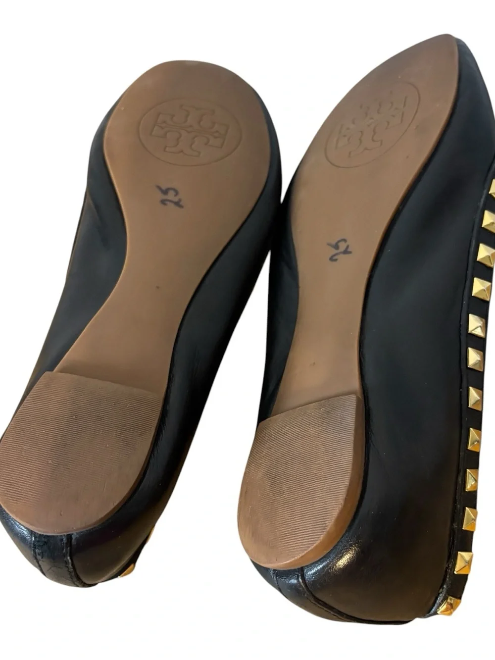 Tory Burch Studded Logo Ballet Flat Shoes Black Leather Size 8 M